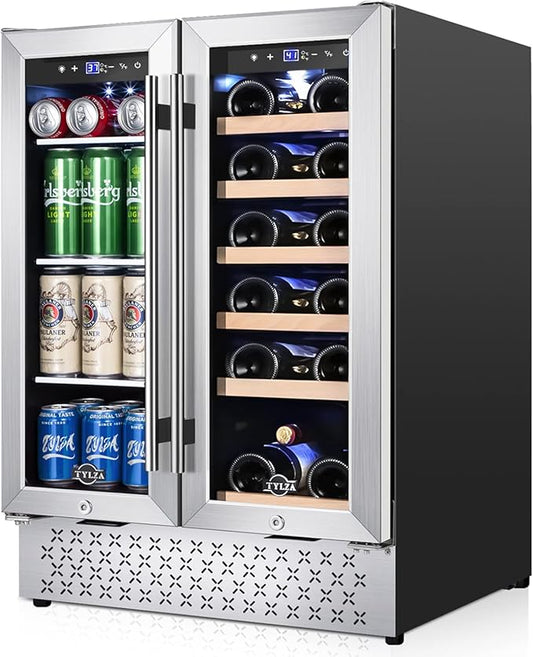 Tylza Wine and Beverage Refrigerator, 24 Inch Dual Zone Wine Fridge, Holds 18 Bottles and 88 Cans, French Doors, Lock, Under-counter or Freestanding Wine Cooler, Beverage Fridge with Tempered Glass