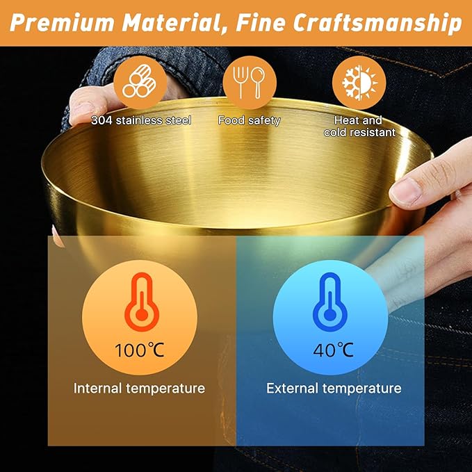 Akamino 2 Pack Stainless Steel Mixing Bowls, 5.9 & 7.9 Inch Gold Metal Salad Bowls, Soup Bowl, Noodle Bowl, Snack Bowl, Serving Bowls for Mixing, Cooking, Baking, Prepping - 700ML& 1200ML