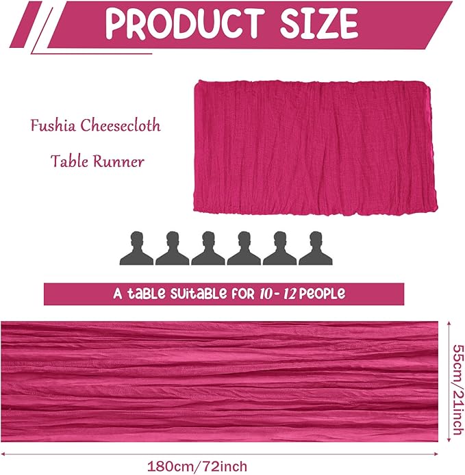 10 Pack Cheesecloth Table Runner 6FT Boho Gauze Rustic Fabric Table Runner Vintage Sheer Tablecloth for Wedding Party Bridal Baby Shower Long Table Decorations (Fushia)