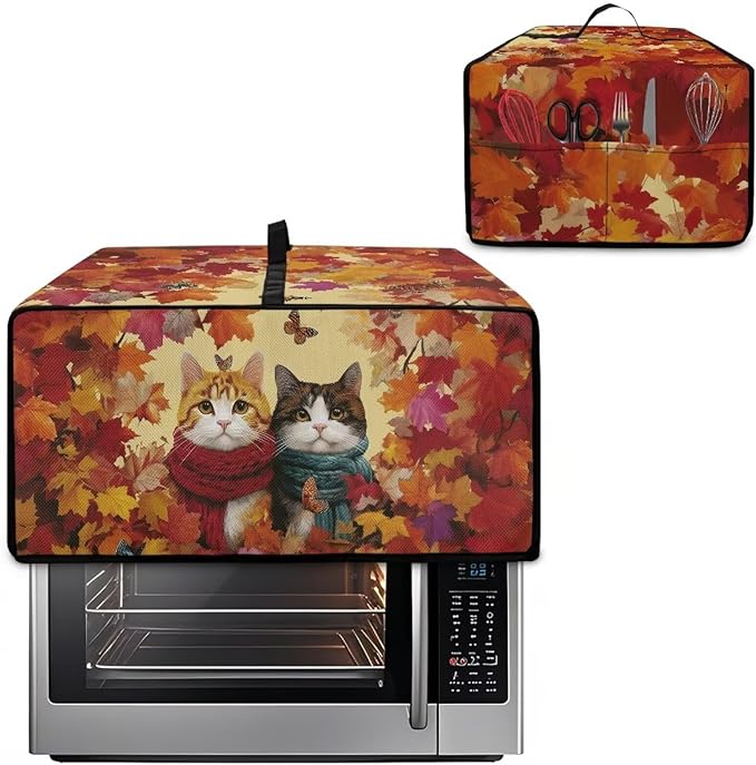 Doojoayie Cute Cat Toaster Cover 8 Slice Dust-Proof Toaster Oven Cover Stain Resistant Bread Machine Covers with Autumn Leaf Print Thanksgiving Home Kitchen Decoration