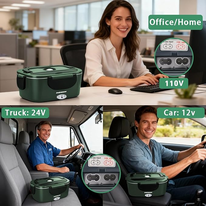 Electric Lunch Box 80W Food Heater with Dual Container, Portable Lunch Warmer for Adults, Upgraded Heated Lunch Box for Car/Truck/Office,110/24/12V 1.5L Green