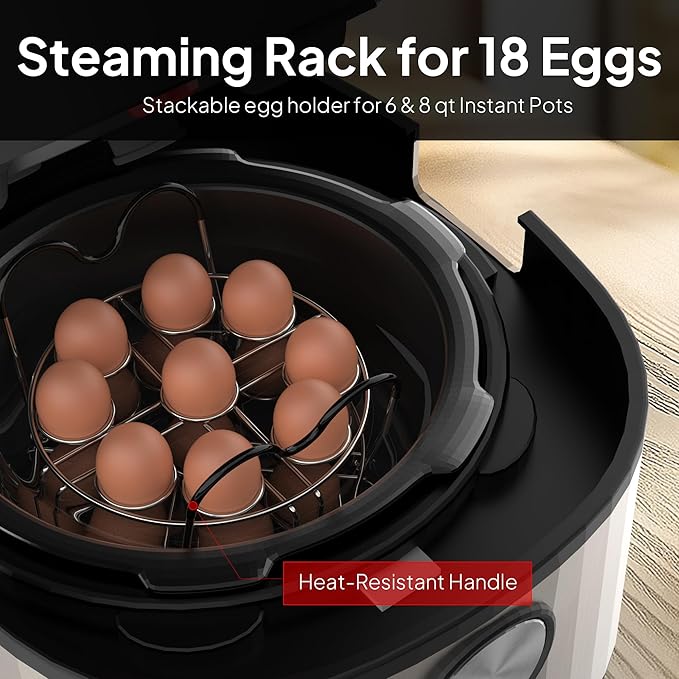 Stackable Egg Steamer Rack Holds 18 Eggs with Handles, Stainless Steel Instant Pot Trivet Fits 6qt/8qt Pressure Cooker, 2-in-1 with Skewers for Grilling