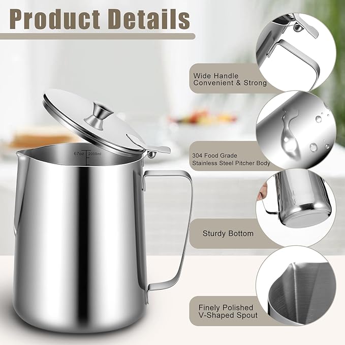 67 oz 304 Stainless Steel Pitcher with Lid, 2 L Large Mouth Graduated Beakers, Large Metal Measuring Cup with Handle, Milk Frothing Jug for Latte Art, Espresso Machines, Iced Tea