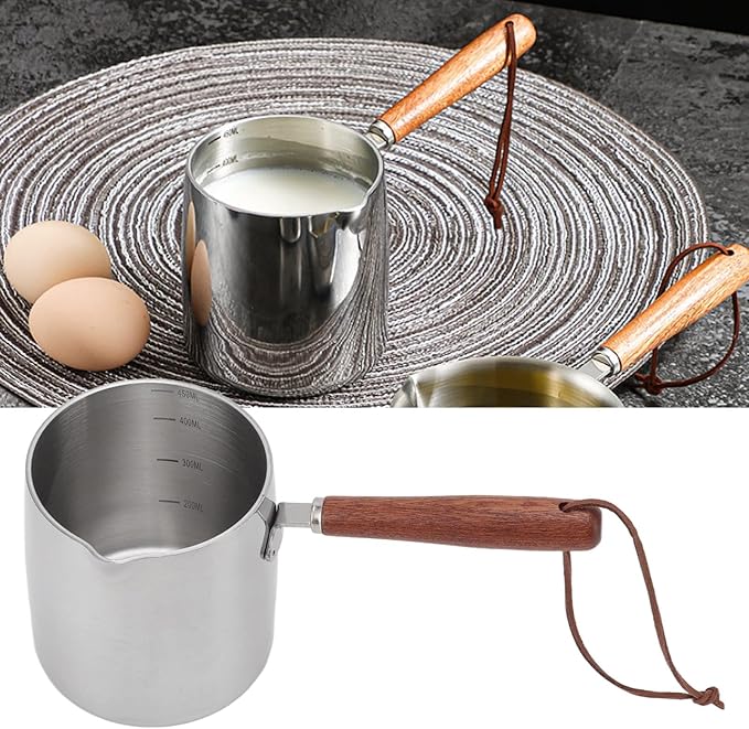 Fdit Mini Melting Pot, 450ml Wood Handle 304 Stainless Steel Measuring Spoon Hot Oil Pan Oil Pan With Wooden Handle Warmer Turkish Coffee Pot