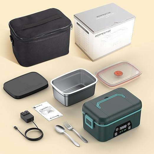 Cordless Heated Lunch Box, Smart Timer Automatic Heating Food Warmer for Adults, 5.5-Cup Portable Electric Lunch Container with Handheld Insulated Bag