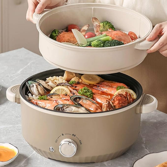 Hot Pot Electric with Steamer, 800W 3L Anti Scald Multifunctional Electric Cooker with Food Grade Nonstick Coating & Steam Basket for Steak Rice Noodles Soup (US Plug)