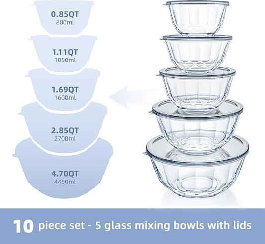 WhiteRhino Glass Mixing Bowls with Lids Set of 5（4.70QT,2.85QT, 1.69QT,1.11QT,0.85QT,Glass Bowls with Lids,Large Salad Bowls Space-Saving Nesting for Cooking,Baking,Prepping,Dishwasher Safe