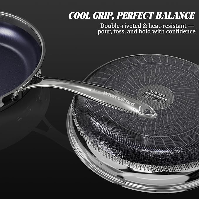 WhatsClad 10" Hybrid Ceramic Nonstick Frying Pan, 3-Ply Stainless Steel Skillet, 2-Layer Coating, PFAS & PTFE Free, 9H Hardness & Corrosion Resistance, Dishwasher Safe, Induction Compatible-Blue