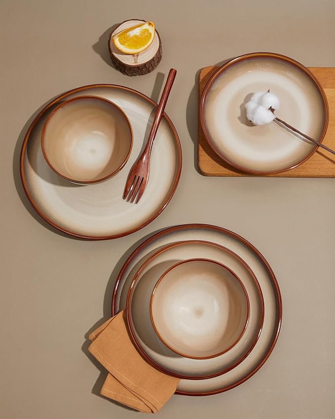 24 Piece Dinnerware Sets for 8, Modern Stoneware Plates and Bowls Sets, Perfect for Family Gatherings & Holiday Celebrations, Easy Cleaning Dish Set, Stack Compactly Dinner Set, Brown Yellow