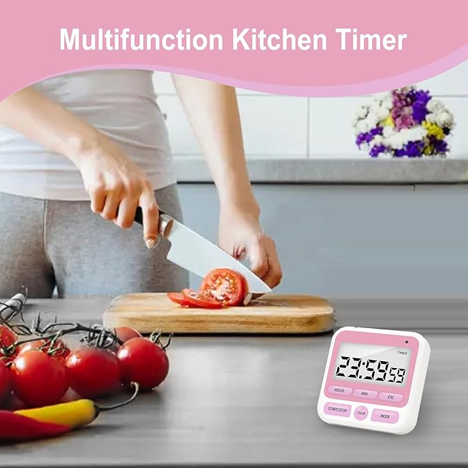Multifunctional Kitchen Timer with Silent/Alert Mode, 24-Hour Clock, Memory Recall, Fast-Forward, and Magnetic Back for Cooking, Baking, Teaching (Red)