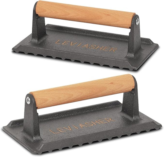 2.2 lb Handheld Heavy Duty Cast Iron Grill Press, 7.8X3.9 inch Rectangle Burger Press with Wood Handle for Blackstone, Griddle, Chef, Camp, Panini, Vegetable, Bacon, Sandwich, BBQ, 2 Pack