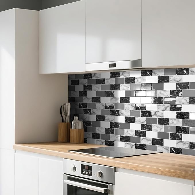 Art3d Peel and Stick Black White Grey Marble Wall Tiles – 12"x12" Thicker Design Backsplash, Self-Adhesive Tile for Kitchen & Bathroom Decor