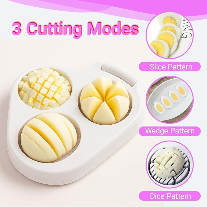 3 In 1 Egg Slicer, Stainless Steel Multipurpose Egg Cutter, 3 Way Egg Dicer for Hard Boiled Eggs, Grape and Tomato Chopper for Strawberry, Salad, Fruit and Vegetable (White)