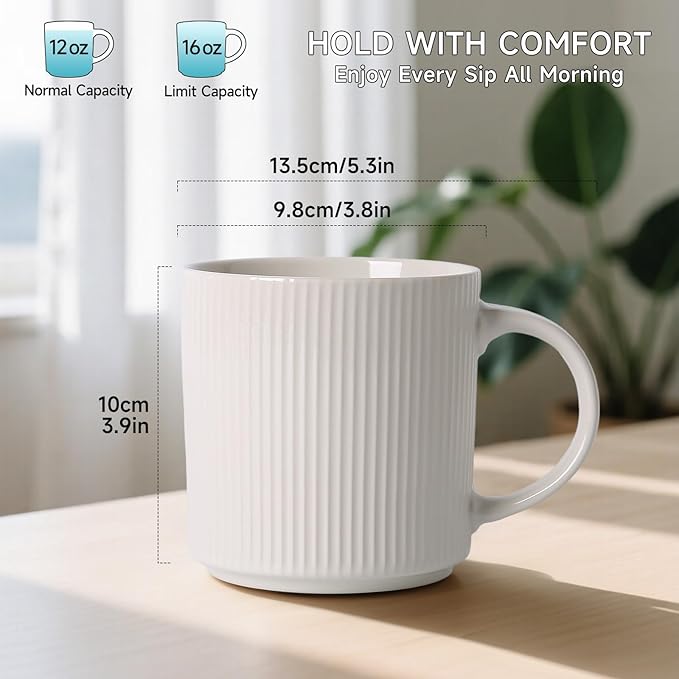 MONITO 16Oz Coffee Mugs Set of 4, Rustic Ceramic Coffee Cups Set with Large Handle, Vintage Striped Stoneware Coffee Mugs for Latte, Cocoa, Tea, Milk, Microwave & Dishwasher Safe, White