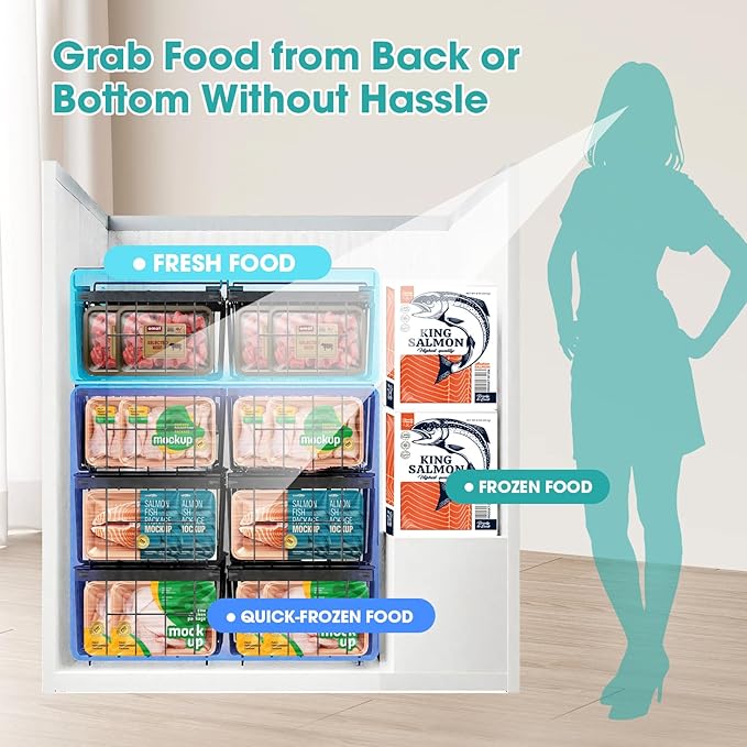 Freezer Organizer Bins, 2 Pack Expandable Stackable Hangable Chest Freezer Containers with Handles, Adjustable From 10.3" to 14.2" Storage Baskets for Fridge, Deep Freezer, Cabinet, Pantry, Kitchen