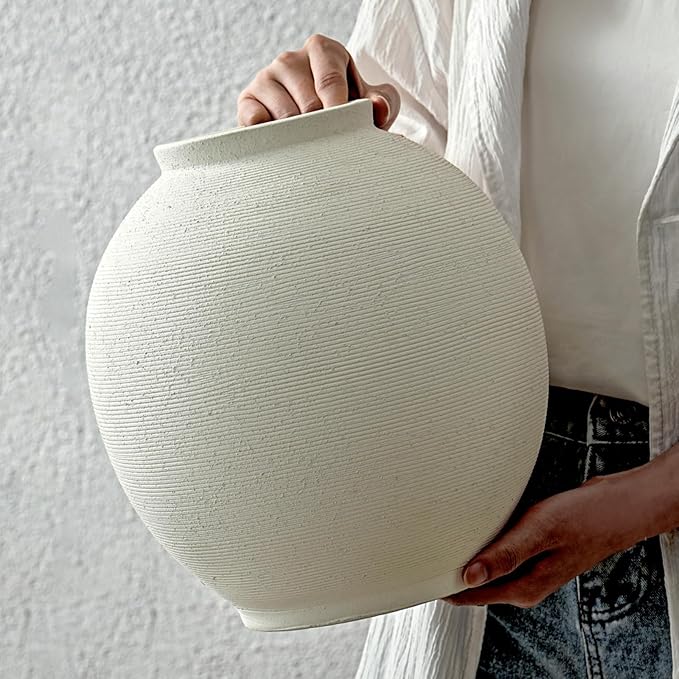 Large White Ceramic Flower Vase Home Decor, Round Rustic Table Vases Farmhouse Living Room Entrway Kitchen Bedroom Decorations，Minimalist Hand-Made Textured Vase (10.8” Sandstone White)