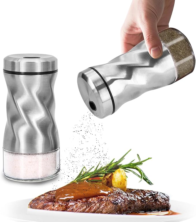 Salt and Pepper Shakers Set by NEODACO, 4 OZ Modern Glass Salt Shaker with Stainless Steel Lids for Kitchen Gadgets Table, RV, Camp, Ideal for Himalayan, Kosher, Black and White Pepper