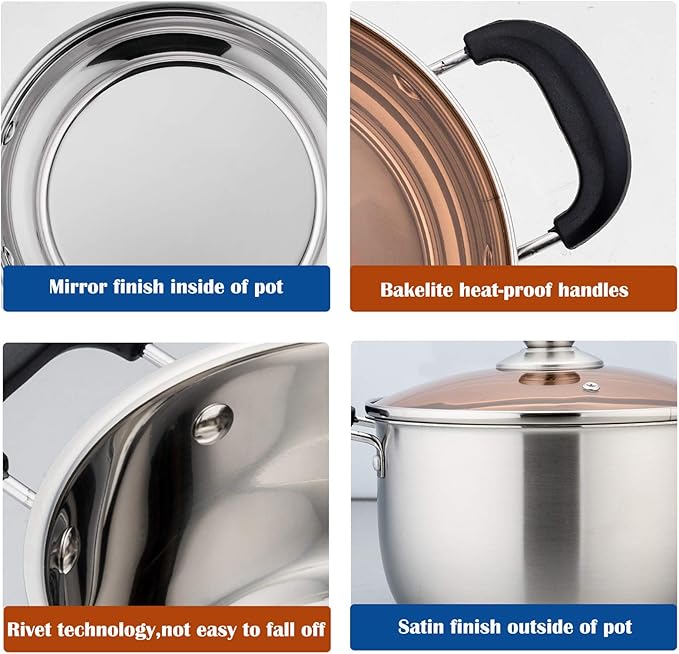 P&P CHEF 6 Qt Stockpot with Lid, Stainless Steel Cooking Stock Pot for Soup, Heat-Proof Double Handles with Visible Lid, Dishwasher Safe & Healthy, 1-Ply Metal