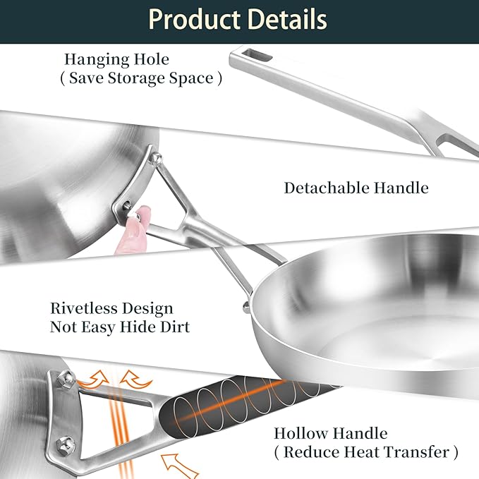 Yeksum Tri-Ply Fully Bonded Stainless Steel Frying Pan, 10",With Tempered Glass Lid, Chef's pan,Skillets,Induction Pan Dishwasher and Oven Safe