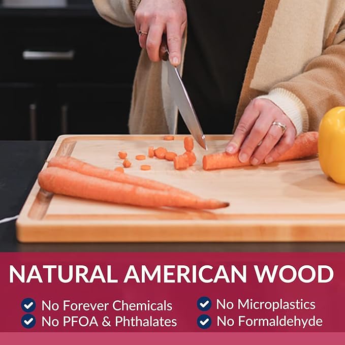 Made in USA Medium Solid Maple Wood Cutting Board by Virginia Boys Kitchens - Butcher Block Wooden Carving Board with Juice Groove made from Sustainable North American Hardwood (17x11)