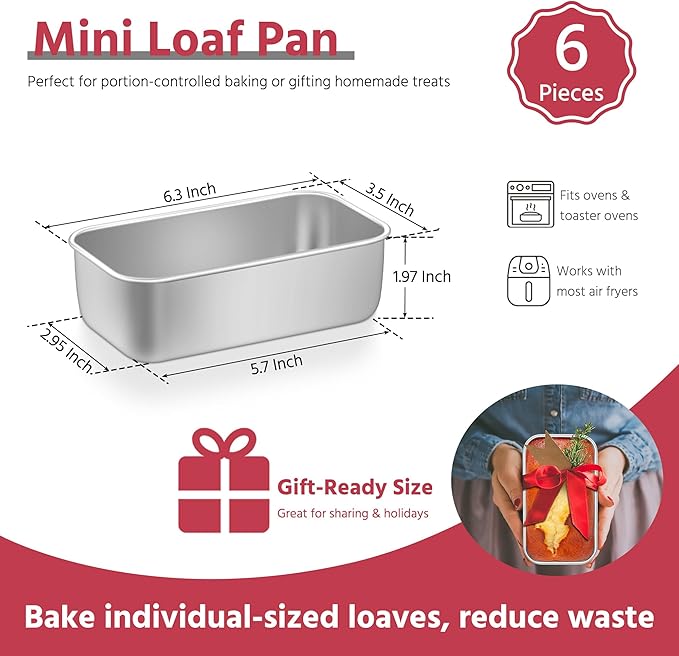 E-far Mini Loaf Pan Set of 6, Small Stainless Steel Bread Baking Pans for Oven, 6.3 x 3.5 Inch Tiny Meatloaf Pans for Homemade Bread Pound Cake Brownies, Non-toxic & Dishwasher Safe