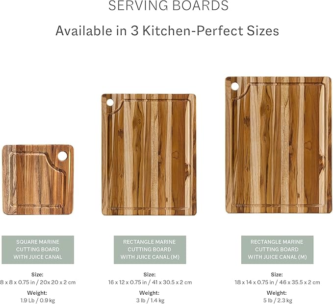 Teakhaus Marine Cutting Board with Juice Groove - Small Square Bar Cutting Board with Corner Hole - Reversible Teak Edge Grain Wood - Knife Friendly - FSC Certified - 4-pack