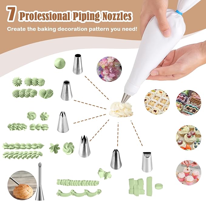 14-Piece Reusable Piping Bags and Tips Set- Cotton Baking Kit with Coupler, Stainless Steel Nozzles,Silicone Cable Ties& Cleaner for Cakes/Cupcakes/Cookies Decorating (14)
