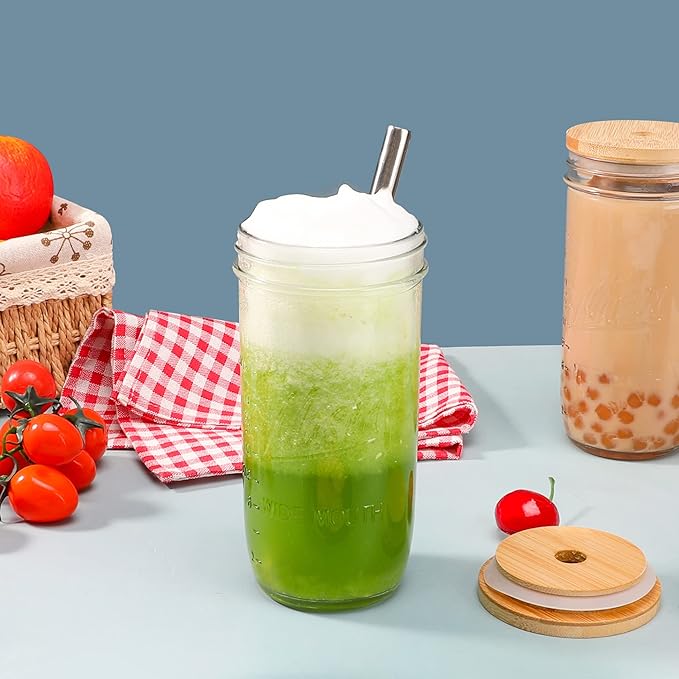 Mason 4 Pack Reusable Tea Cups, Glass Jars 24oz Wide Mouth Smoothie Cups with Bamboo Lids and Silver Straws, Drinking Glass Bubble Tea Cups for Iced Coffee Travel Bottle