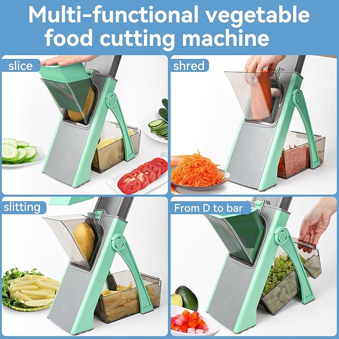 Upgrade Safe Mandoline Slicer Plus, Adjustable Potato Slicer, Vegetable Chopper Food Slicer, Fries Cutter, Veggie Salad Chopper Kitchen Chopping Artifact Christmas Gifts green