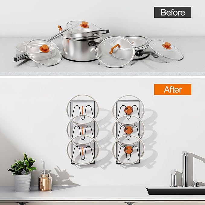 2 Pack Pot Lid Organizer for Cabinet Door, 3-Tier Stainless Steel Wall-Mounted Rack, Rustproof, Anti-Slip, No Drilling, Kitchen Storage Holder