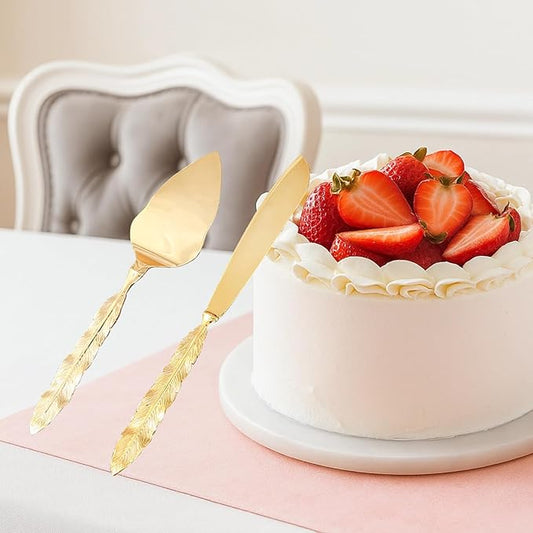 European Style Gold Cake Knife Server Set, Feather Handle, Wedding Cake Cutting Set, Polished Silver