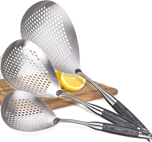 Skimmer Slotted Spoon Set of 3 - Stainless Steel Pasta Tools Spider Strainer Ladle Spoon with Wooden Handle for Cooking and Frying - Kitchen Utensils Spaghetti Strainer Colander - 14.8In,16.5In,17In