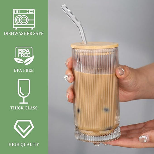 16 Oz Ribbed Drinking Glasses with Lids and Straws, 4 Pack Iced Coffee Glasses Clean Water Glass Cups for Kitchen Juicing, Office, Travel
