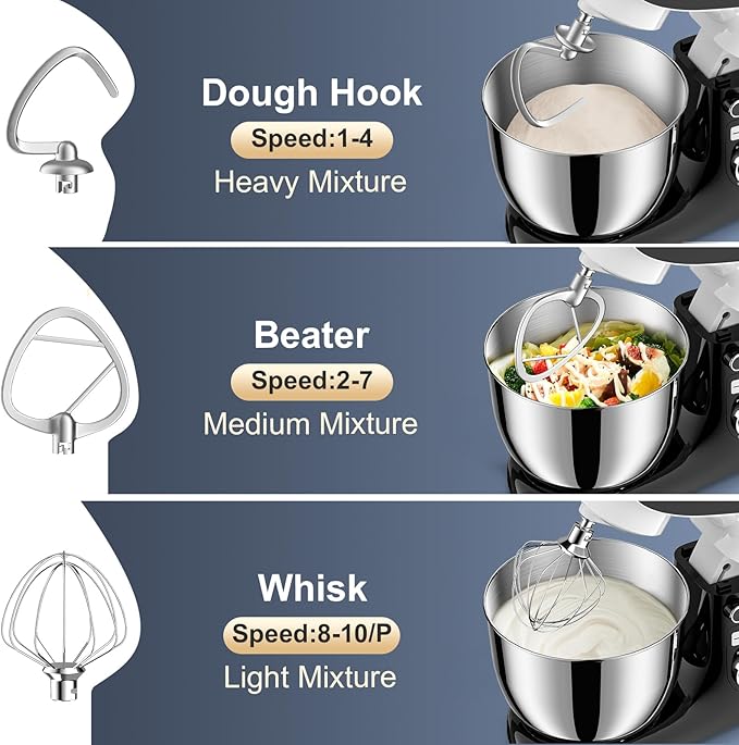 POWWA Stand Mixer, 6.5QT 10 Speeds Tilt-Head Electric Stand Mixer, 3-In-1 Kitchen Mixer with Bowl, Dough Hook, Whisk and Beater, Food Mixer for Baking and Daily Use (BLACK WHITE)