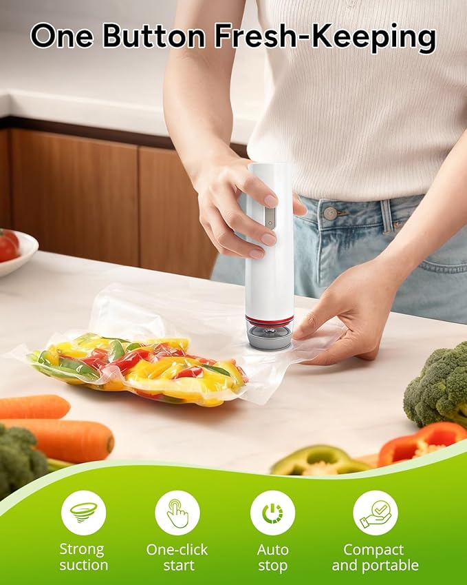 Handheld Vacuum Sealer for Food with 30 Reusable Bags, Compact Rechargeable Vacuum Sealer Machine, Food Sealer for Freezer, Kitchen, Home, BBQ, Sous Vide, Travel, Kitchen Gift Idea