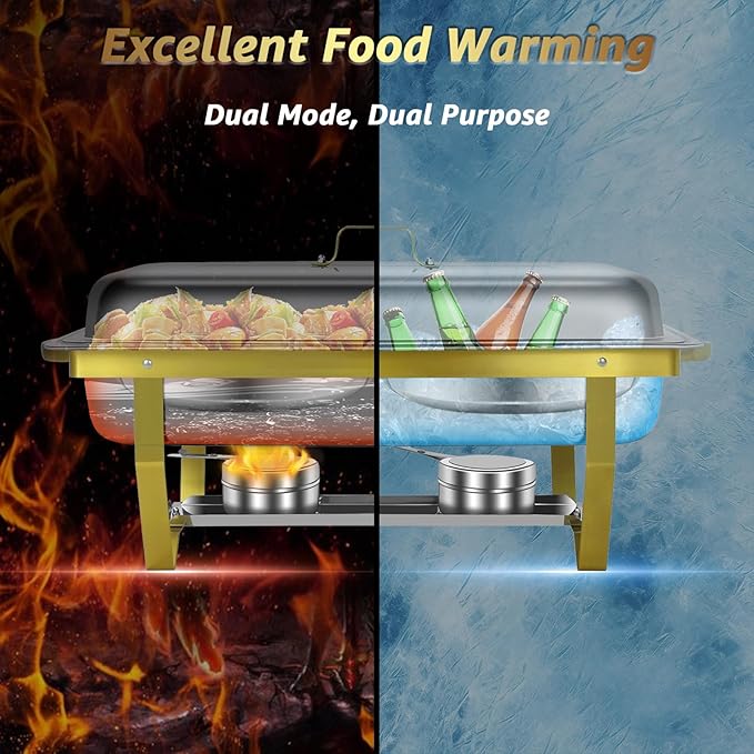 8QT Chafing Dishes for Buffet 2 Pack Golden Food Warmer with Half Size Food Pans, Chafing Dish Buffet Set with Stackable Design Less Storage Space for Party, Wedding