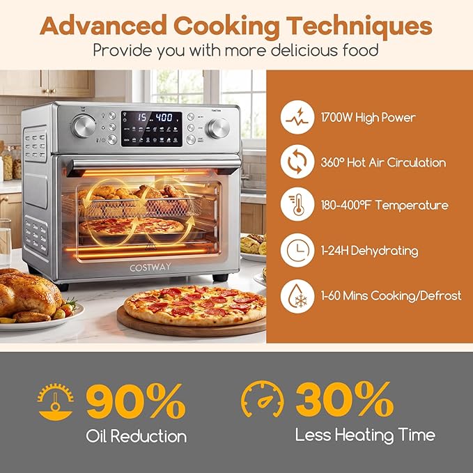 ARLIME 14-in-1 Air Fryer Toaster Oven Combo, 1700W Stainless Steel Countertop Convection Oven with Bake, Rotisserie, Dehydrate & Defrost Functions, 26 QT Large Capacity, 60-Minute Timer & Accessories