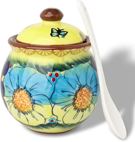 silesia Handmade Sugar Bowl with Lid and Spoon, 8 oz Hand-Painted Ceramic Sugar Jar, Floral Design Seasoning Container for sugar, honey, or spices, Dishwasher Safe (Glazed Yellow)