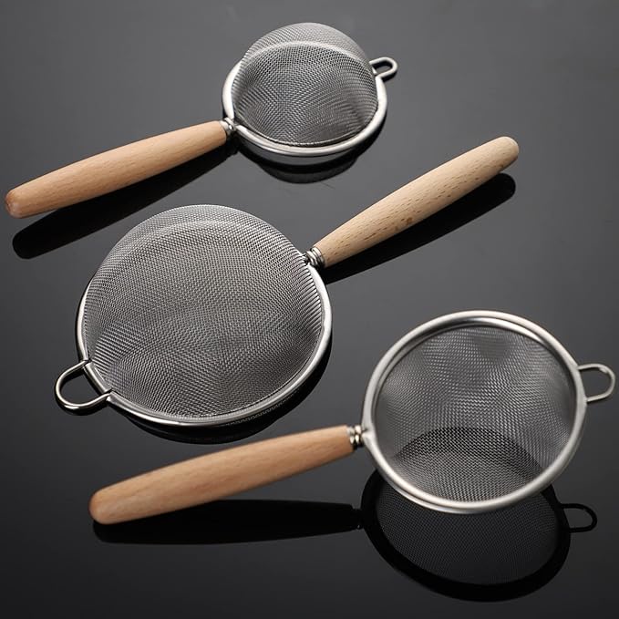 Stainless Steel Fine Mesh Strainers Set of 3 Flour Sifter for Baking, Small Mesh Strainer Flour Colander Sieve Kitchen Strainer Set for Sifting, Straining, Draining (Style 1#)