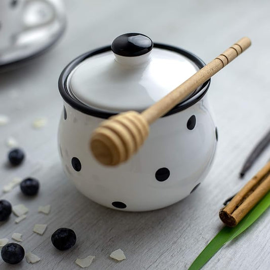 City to Cottage Ceramic Sugar Bowl with Lid, 10oz Sugar Contanier for Coffee Bar, Sugar Dispenser Bowl, Salt - Condiment Pot for Kitchen Counter, Handcrafted White and Black Polka Dot Sugar Jar