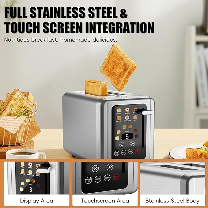 WUNLY Touch screen Toaster 2 slice,Stainless Steel Digital Timer Toasters with Sound Function,6 Bread Types & 6 Shade Settings,Smart Extra Wide Slots Toaster with Bagel,Defrost Functions,Platinum