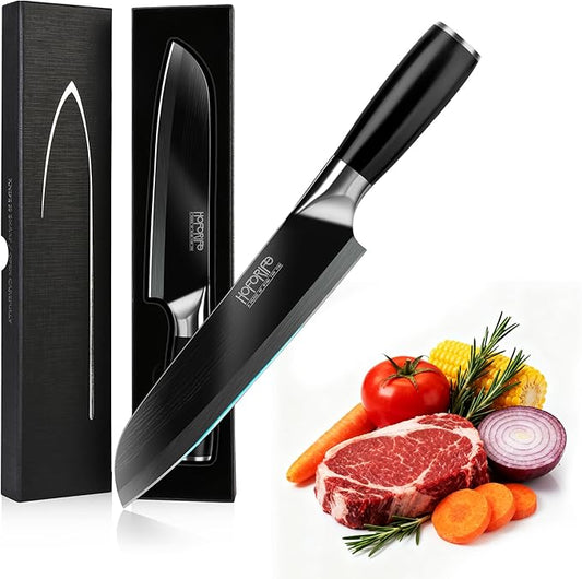 8" Santoku Knife, Japanese Hand Forged Chefs Knife High Carbon Steel Core with Black Wood Ergonomic Handle, Gift Box