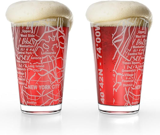 Greenline Goods – New York, NY Map Pint Beer Glasses (Set of 2), 16 oz – Etched Wrap Design