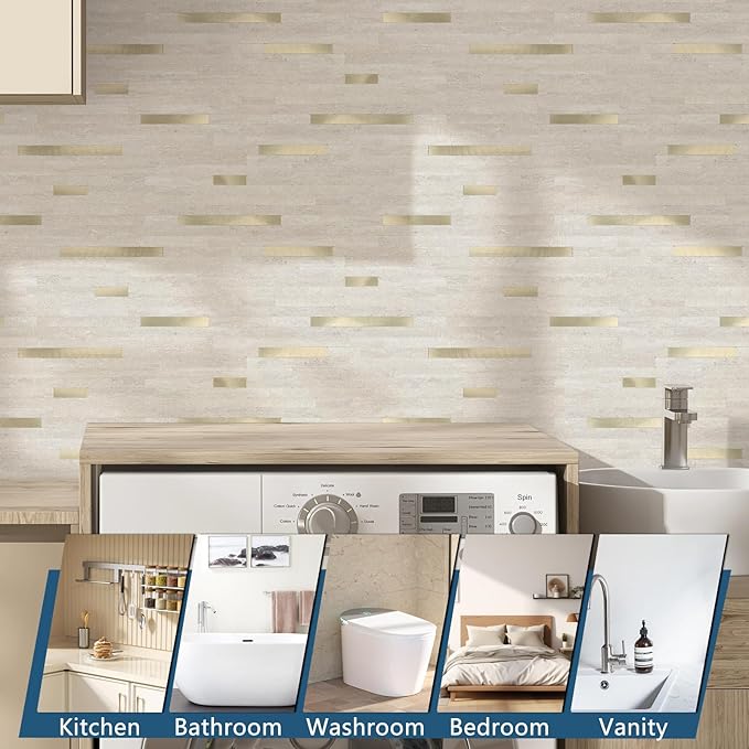 Yipscazo 2 Sheets PVC Wall Tiles Stick on Tiles for Backsplash Kitchen, Bathroom, Laundry Room, Camper, Fireplace (6'' X 12'', Beige Cave Stone)