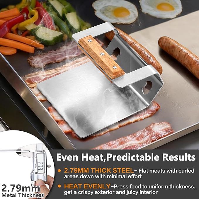 Joyfair Smash Burger Press Stainless Steel, 5.8” Hamburger Smasher Steak Weight Tool, Heavy-Duty Meat Press for Blackstone Griddle, Gill, Flat Top, Heat-Proof Wooden Handle & Flat Edge