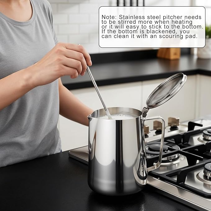 67 oz 304 Stainless Steel Pitcher with Lid, 2 L Large Mouth Graduated Beakers, Large Metal Measuring Cup with Handle, Milk Frothing Jug for Latte Art, Espresso Machines, Iced Tea
