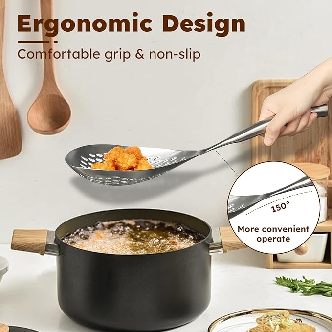 MARTE Kitchen Skimmer Slotted Spoon,[Rustproof, Integral Forming,High Grade 316 Stainless Steel] Pasta Service Strainer Scoop with Vacuum Ergonomic Handle, Good Grip Strainer Ladle for Cooking,15Inch