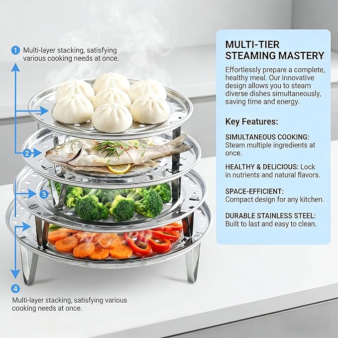 Round Stainless Steel Steamer Rack, 7.6" 8.5" 9.33" 10.23" Inch Steaming Rack, Removable Stands, for steamer, Stock Pot, Pressure Cooker, Cooking, baking bread, vegetable salad (5 Pcs)