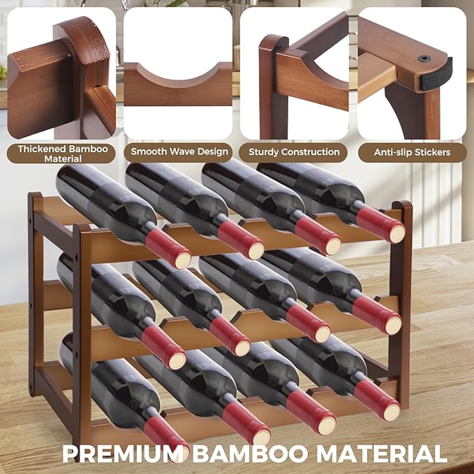Janedream 3-Tier Bamboo Wine Rack for 12 Bottles, Easy-to-Assemble Countertop Wine Storage Shelf, Sturdy Tabletop Wine Holder for Kitchen, Inside Cabinet, Pantry, or Home Bar (3 Tier)