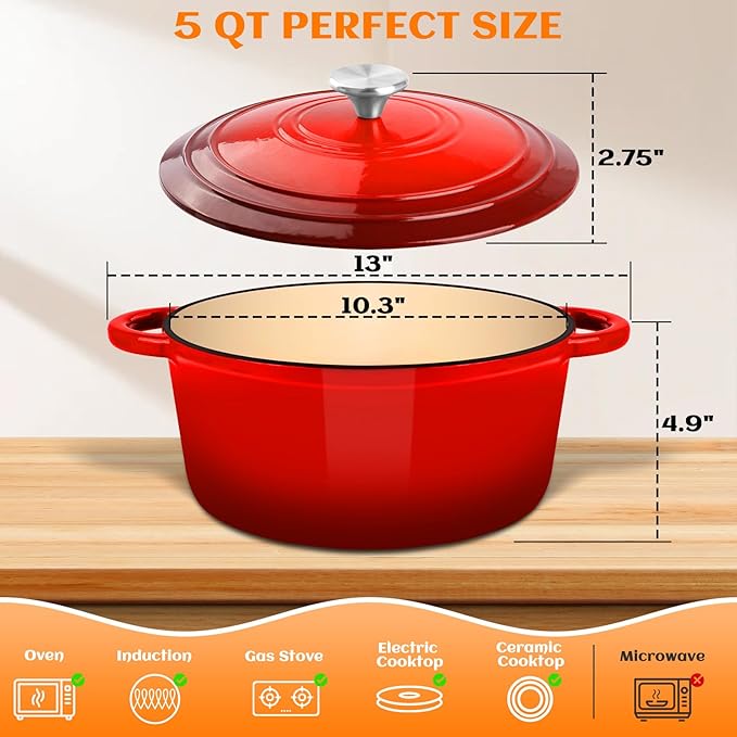 Enameled Cast Iron Dutch Oven Pot with Lid, Incl. Sourdough Bread Baking Supplies Like Banneton Bread Proofing Basket, Starter Jar, Scoring Tool Lame, 5QT Dutch Oven for Bread Baking, Oven Safe up to 500°F